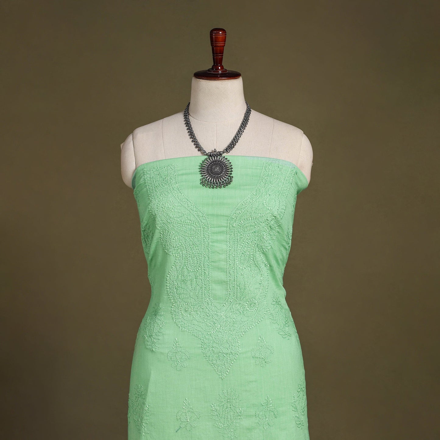 Green Hand Embroidery Mul Cotton Chikankari Kurta Material
