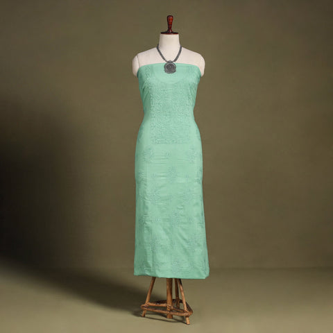 Green Hand Embroidery Mul Cotton Chikankari Kurta Material