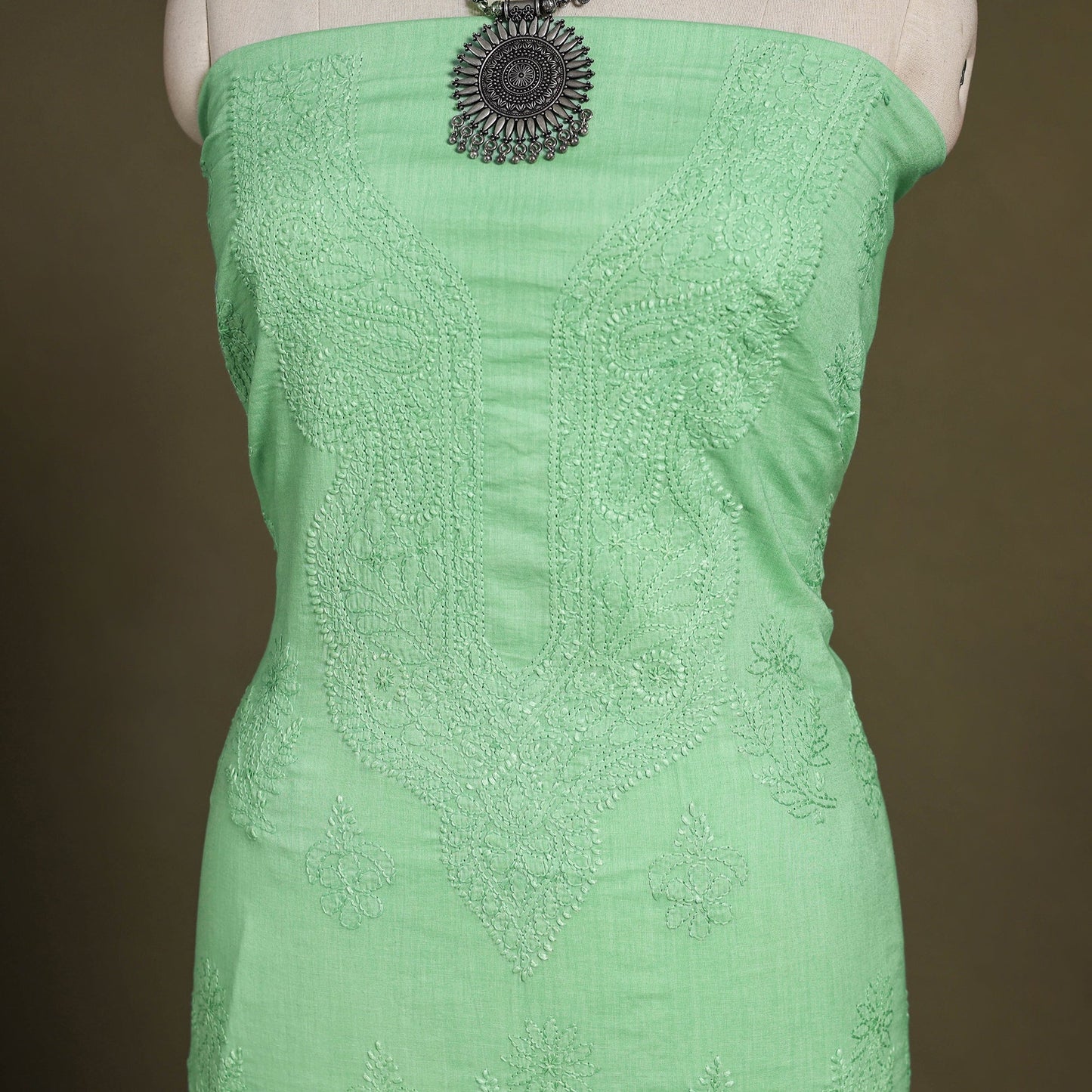 Green Hand Embroidery Mul Cotton Chikankari Kurta Material
