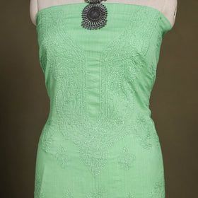 Green Hand Embroidery Mul Cotton Chikankari Kurta Material