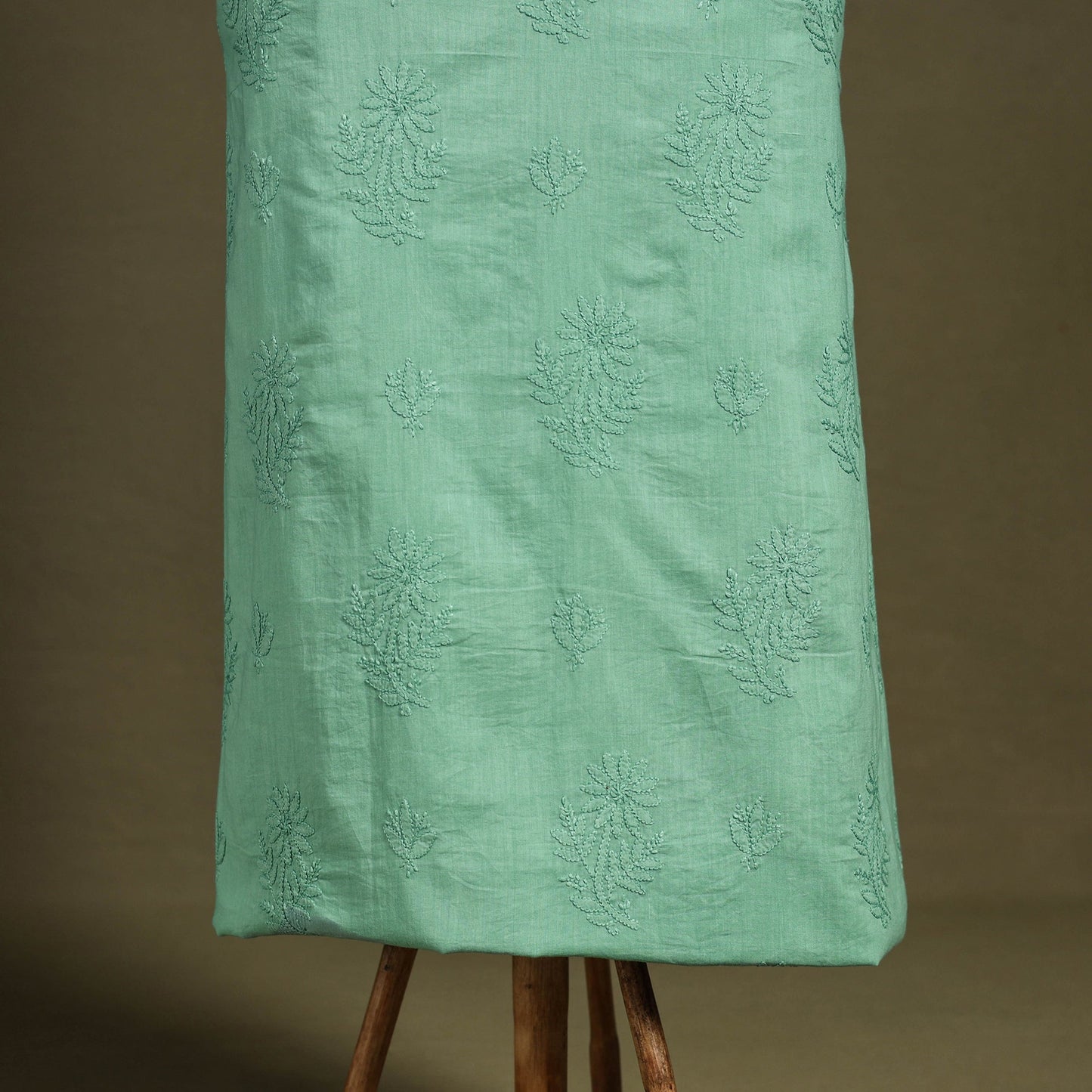 Green Hand Embroidery Mul Cotton Chikankari Kurta Material