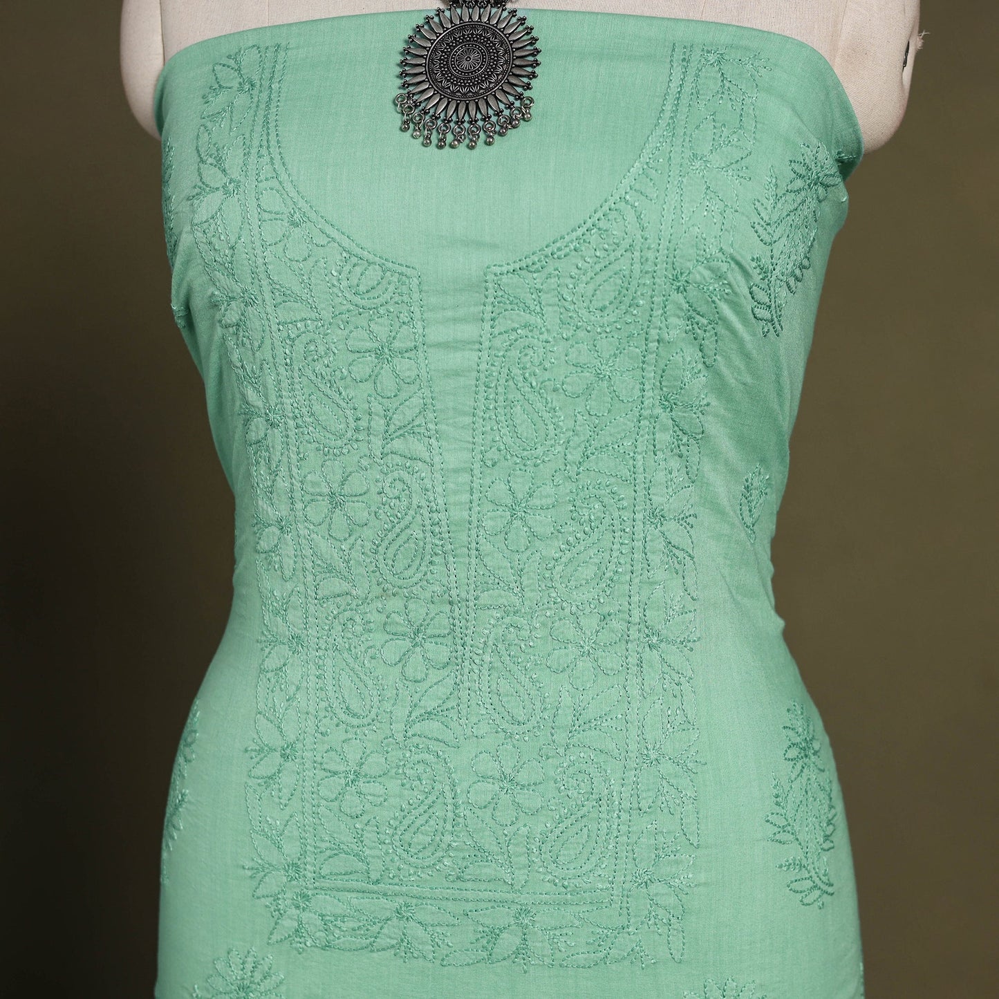 Green Hand Embroidery Mul Cotton Chikankari Kurta Material