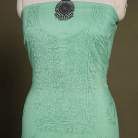 Green Hand Embroidery Mul Cotton Chikankari Kurta Material