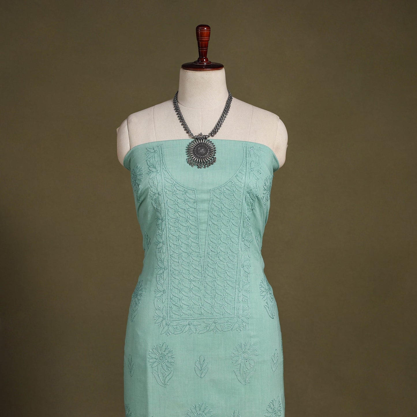 Green - hand embroidery mul cotton chikankari unstitched