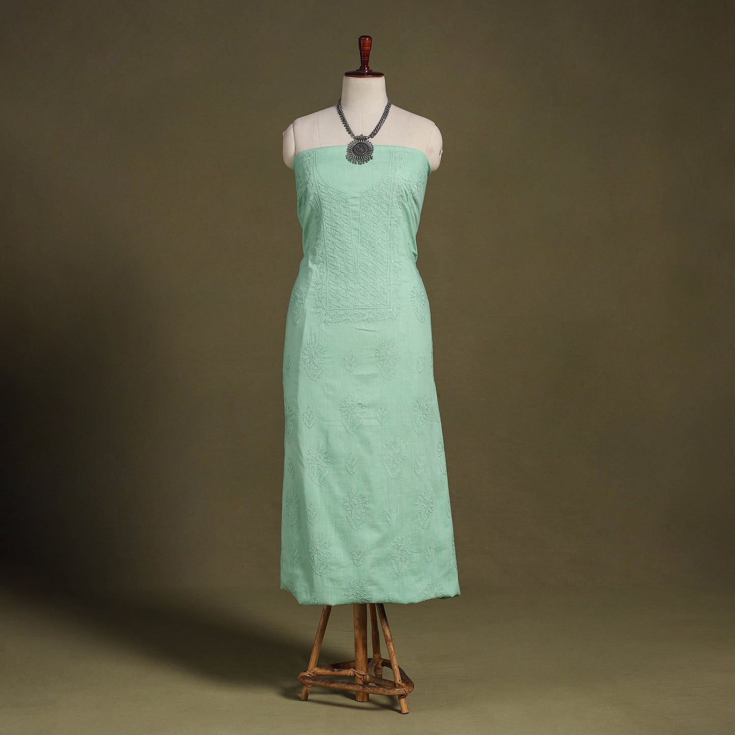 Green Hand Embroidery Mul Cotton Chikankari Kurta Material