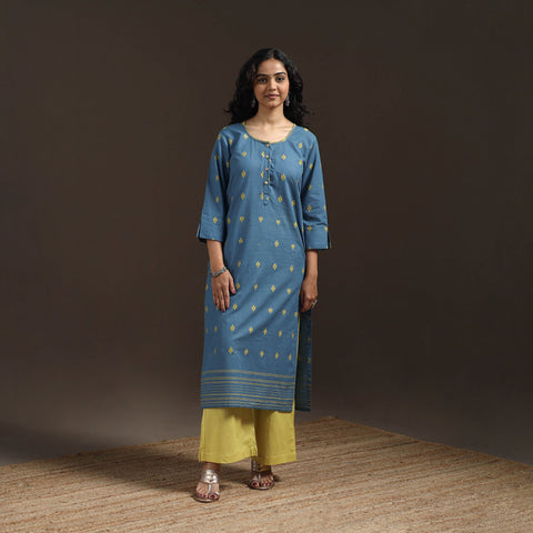 Hand embroidery straight cotton jacquard kurta for women 14