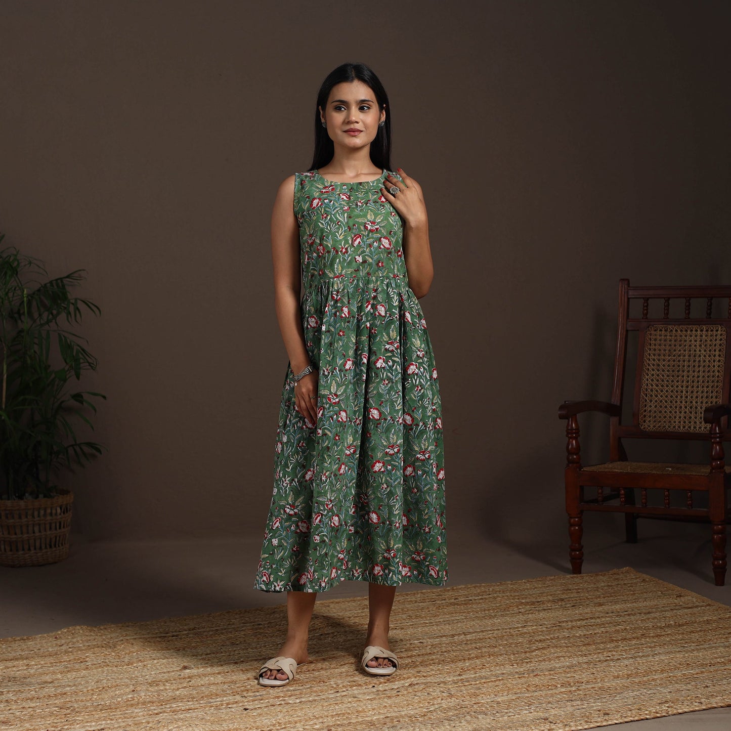 Green - hand flared sanganeri dress 15 - handcrafted