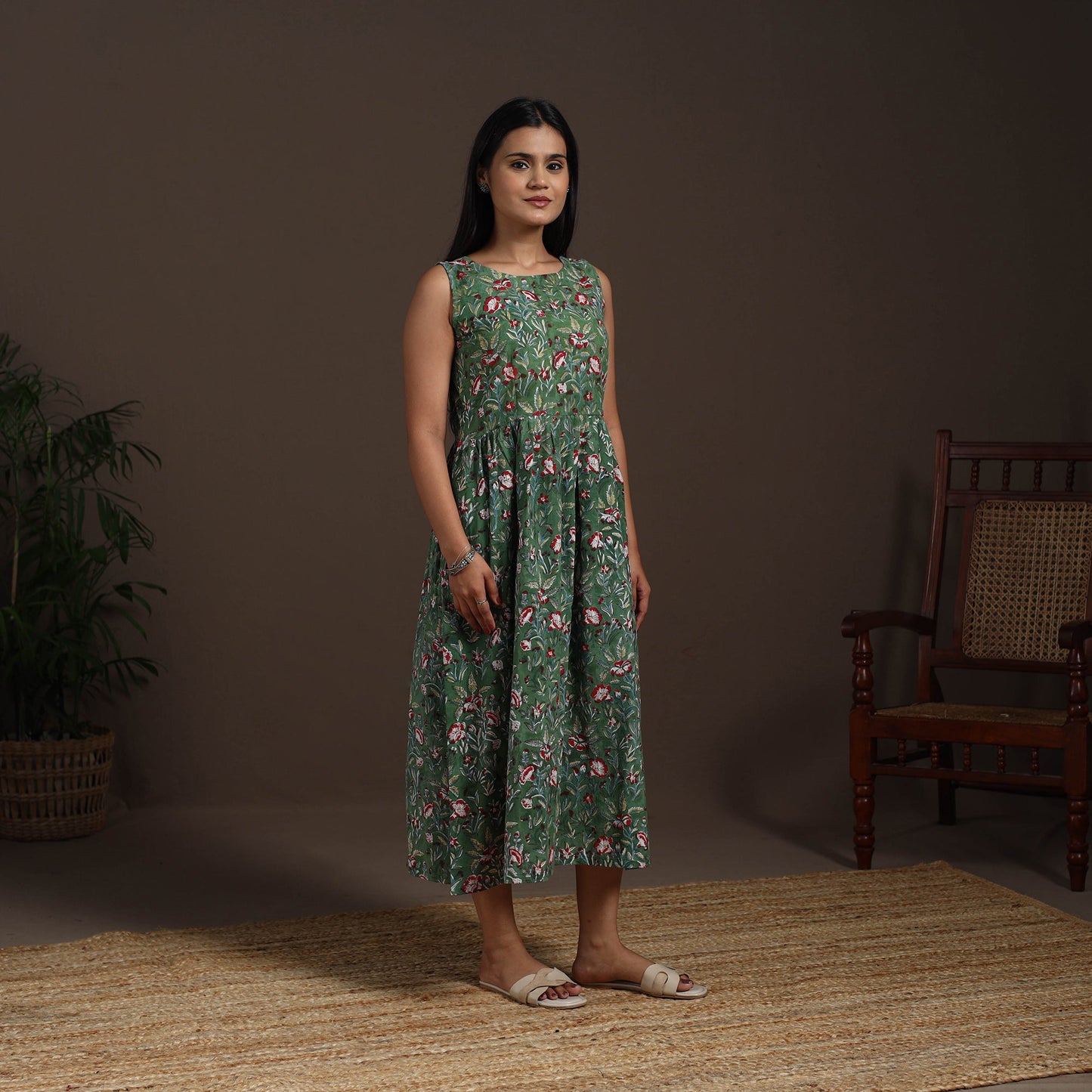 Green - hand flared sanganeri dress 15 - handcrafted