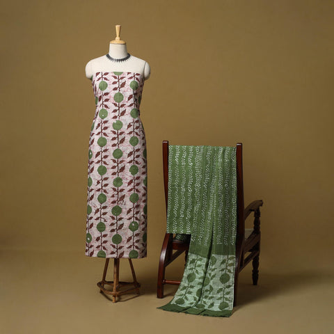 Green - hand kutch batik cotton 3pc unstitched dress