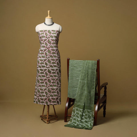 Green - hand kutch batik cotton 3pc unstitched dress