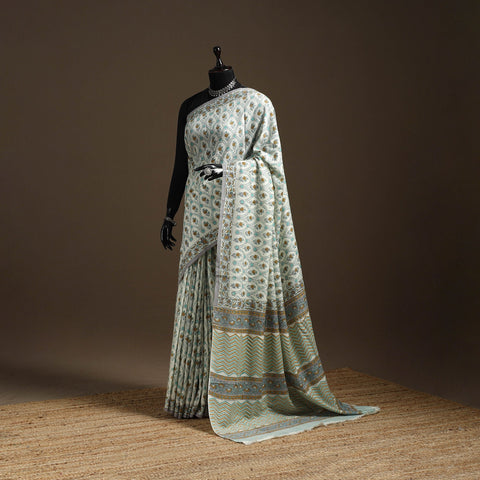 Green - hand merino wool sanganeri saree 05 - handcrafted