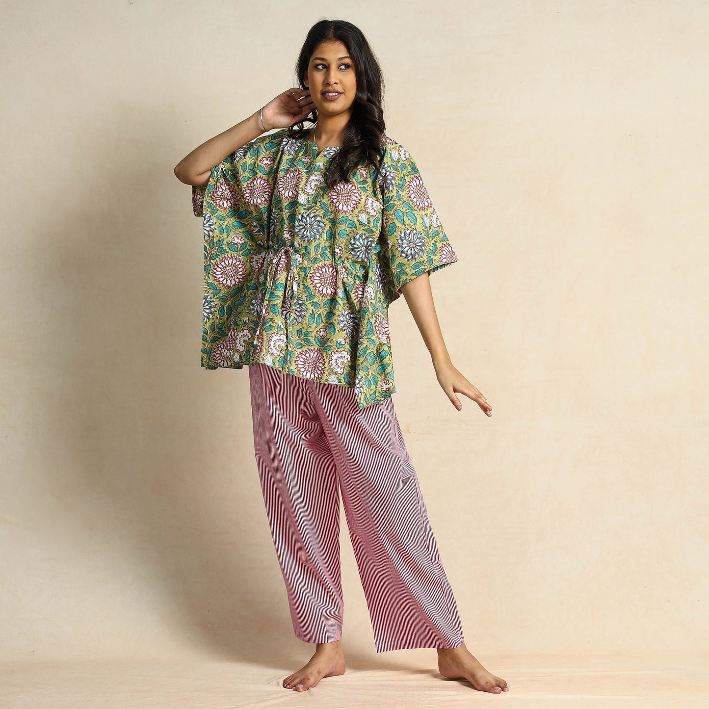 Green - Hand Block Printed Cotton Kaftan & Pyjama Night Suit Set