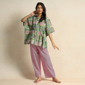 Green - Hand Block Printed Cotton Kaftan & Pyjama Night Suit Set