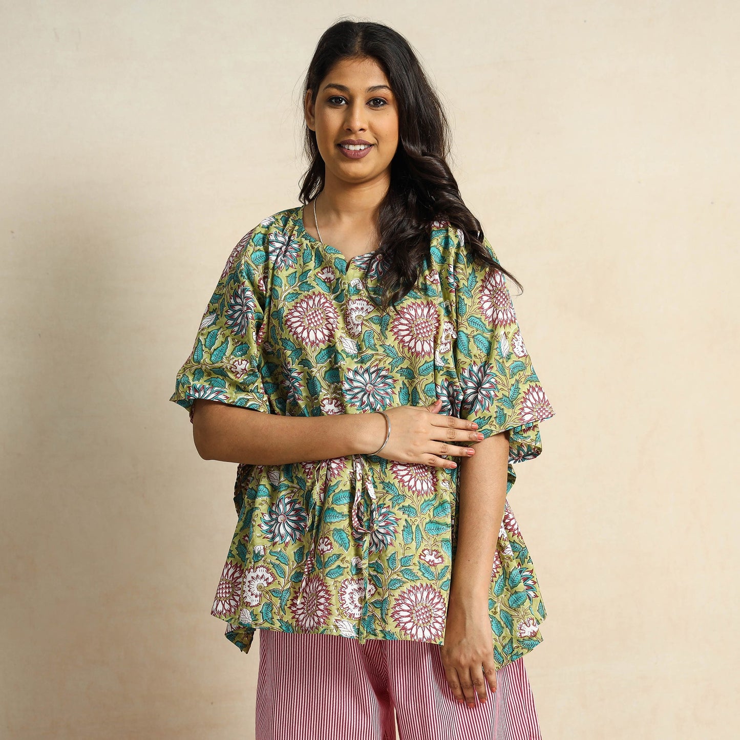 Green - Hand Block Printed Cotton Kaftan & Pyjama Night Suit Set