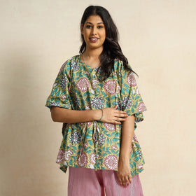 Green - Hand Block Printed Cotton Kaftan & Pyjama Night Suit Set
