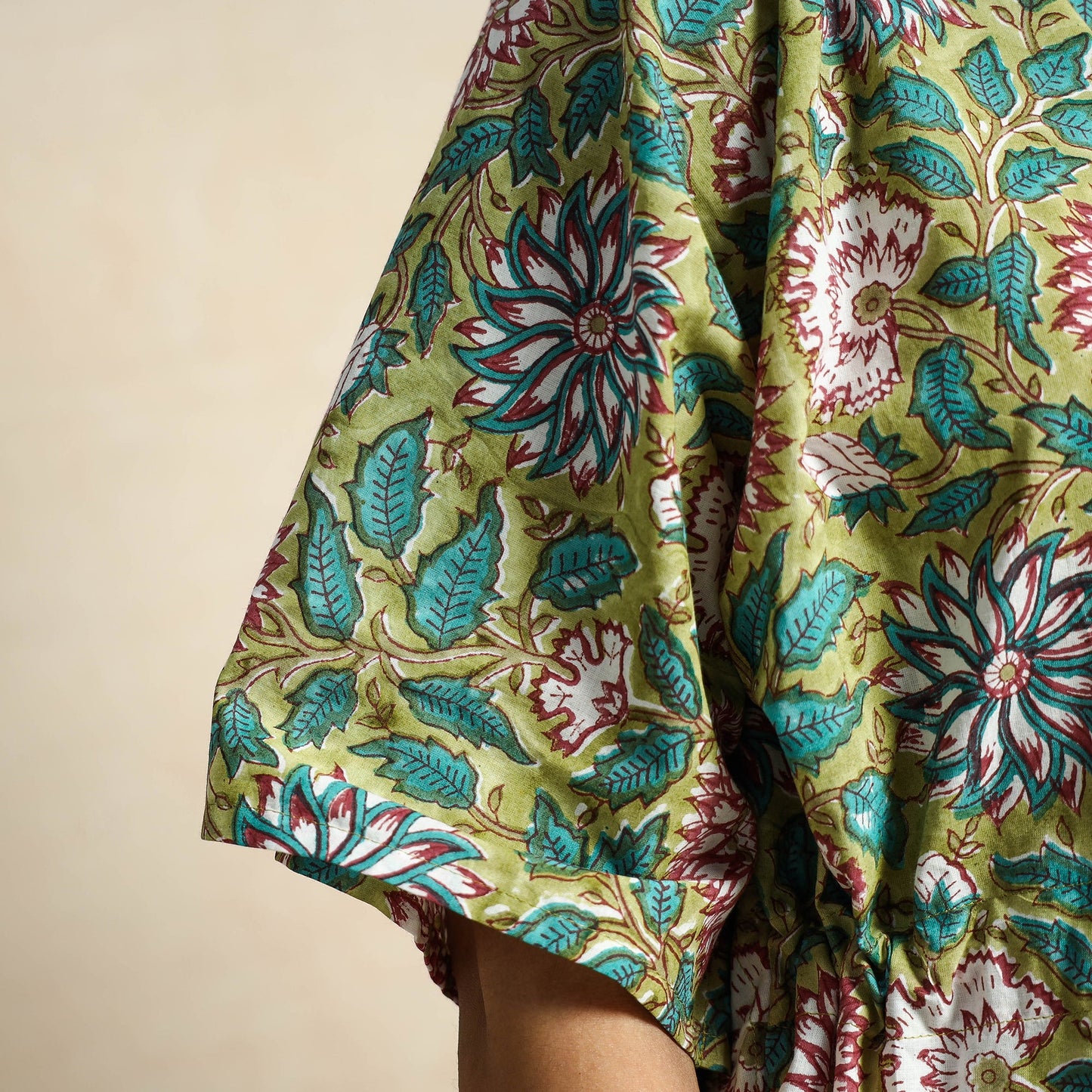 Green - Hand Block Printed Cotton Kaftan & Pyjama Night Suit Set