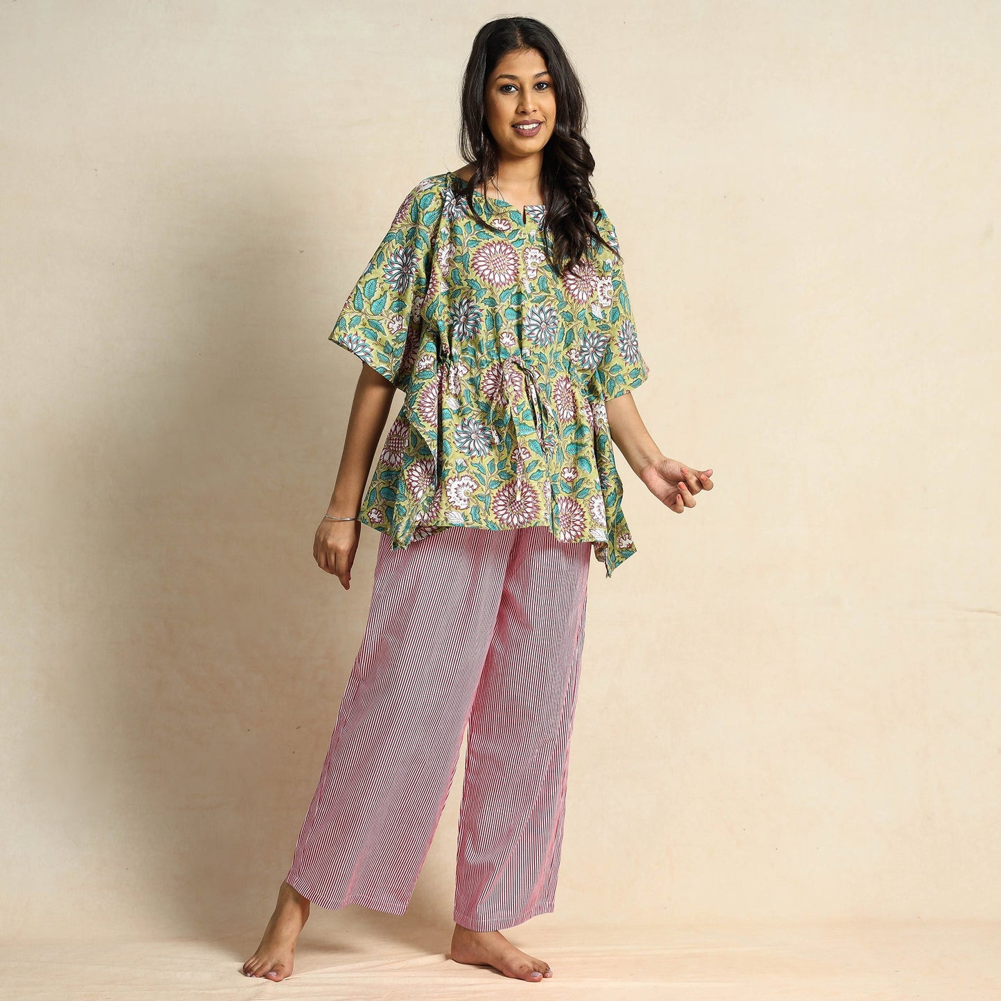 Green - Hand Block Printed Cotton Kaftan & Pyjama Night Suit Set