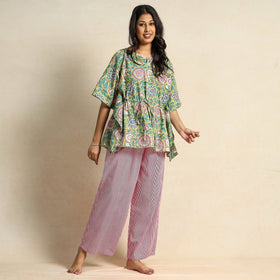 Green - Hand Block Printed Cotton Kaftan & Pyjama Night Suit Set