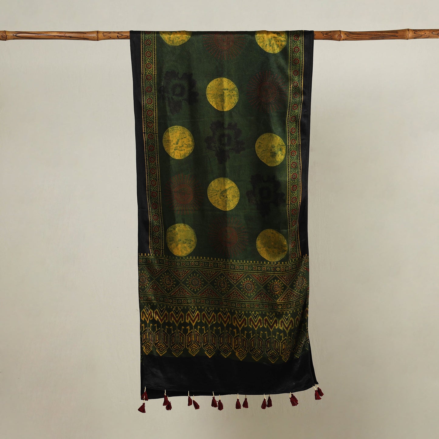 Green - Ajrakh Hand Block Printed Mashru Silk Stole with Tassels