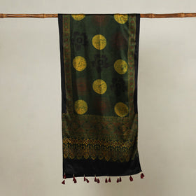 Green - Ajrakh Hand Block Printed Mashru Silk Stole with Tassels