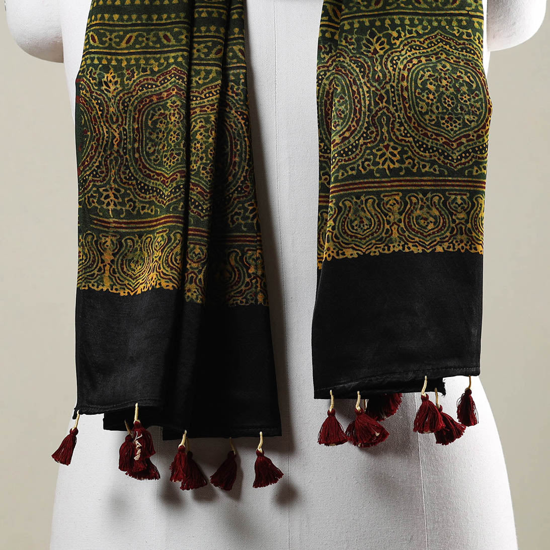  Ajrakh Hand Block Printed Mashru Silk Stole with Tassels 