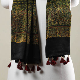  Ajrakh Hand Block Printed Mashru Silk Stole with Tassels 