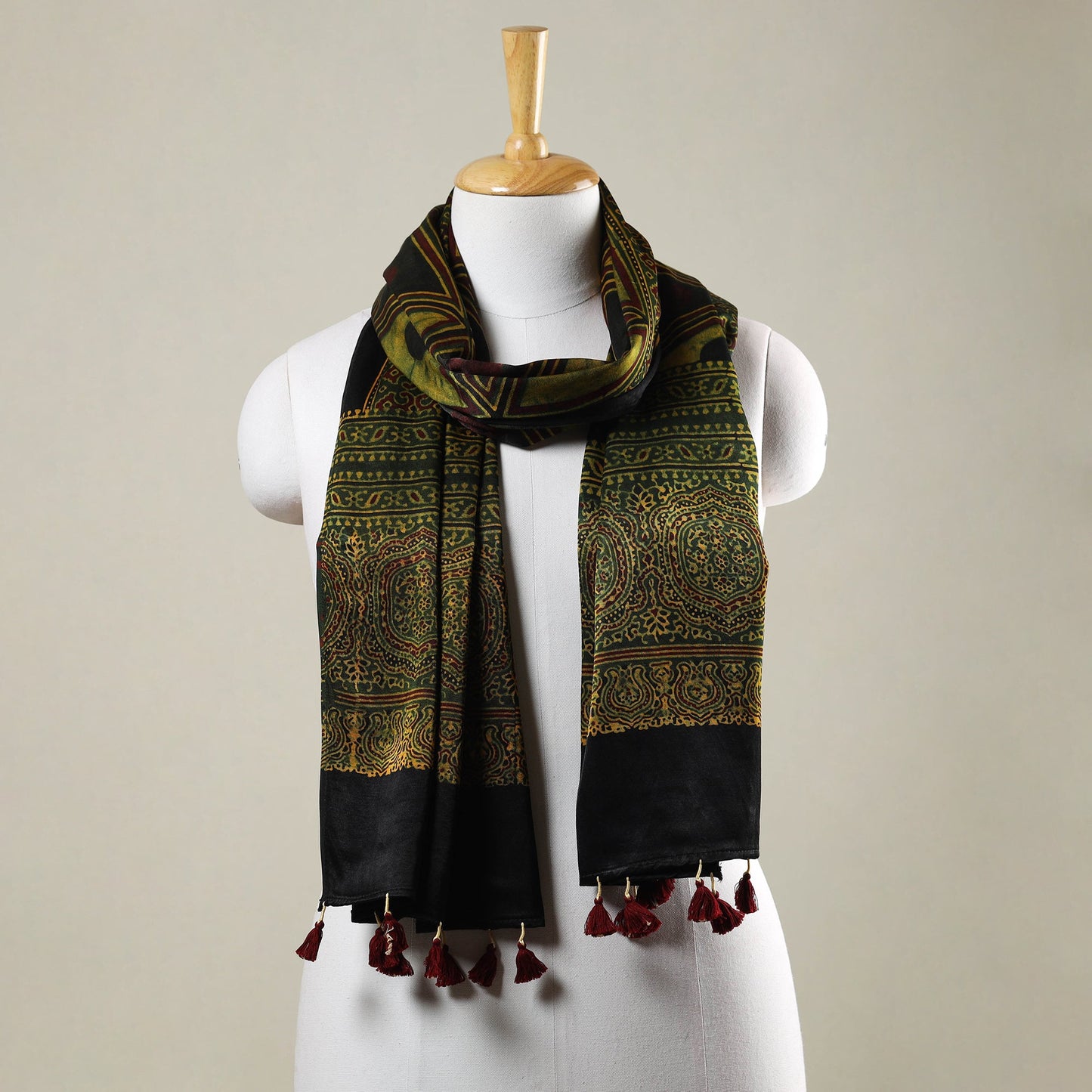  Ajrakh Hand Block Printed Mashru Silk Stole with Tassels 