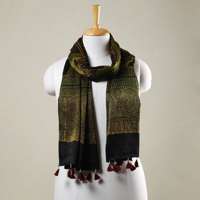  Ajrakh Hand Block Printed Mashru Silk Stole with Tassels 