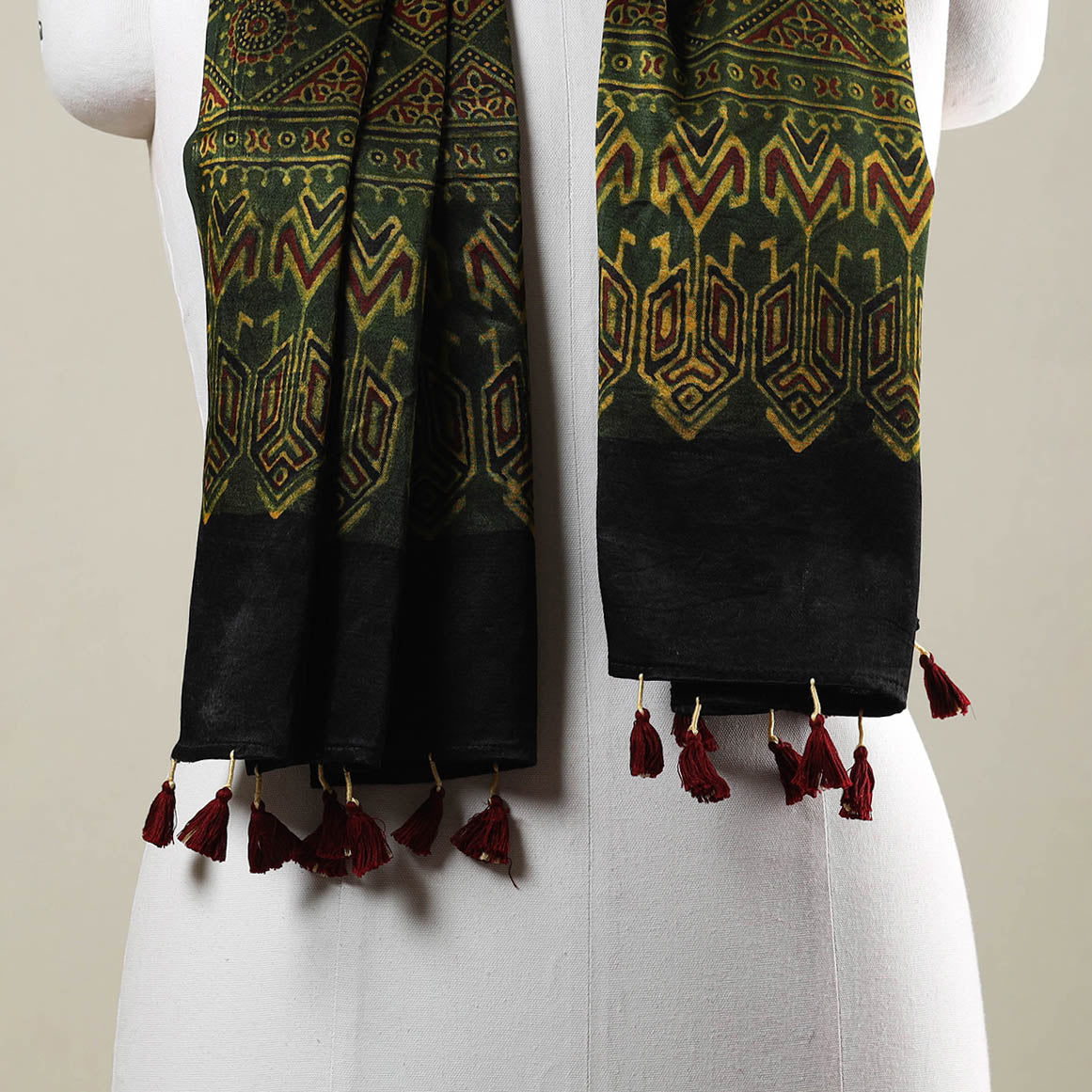 Green - Ajrakh Hand Block Printed Mashru Silk Stole with Tassels