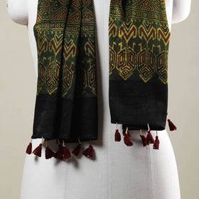 Green - Ajrakh Hand Block Printed Mashru Silk Stole with Tassels