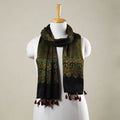 Green - Ajrakh Hand Block Printed Mashru Silk Stole with Tassels