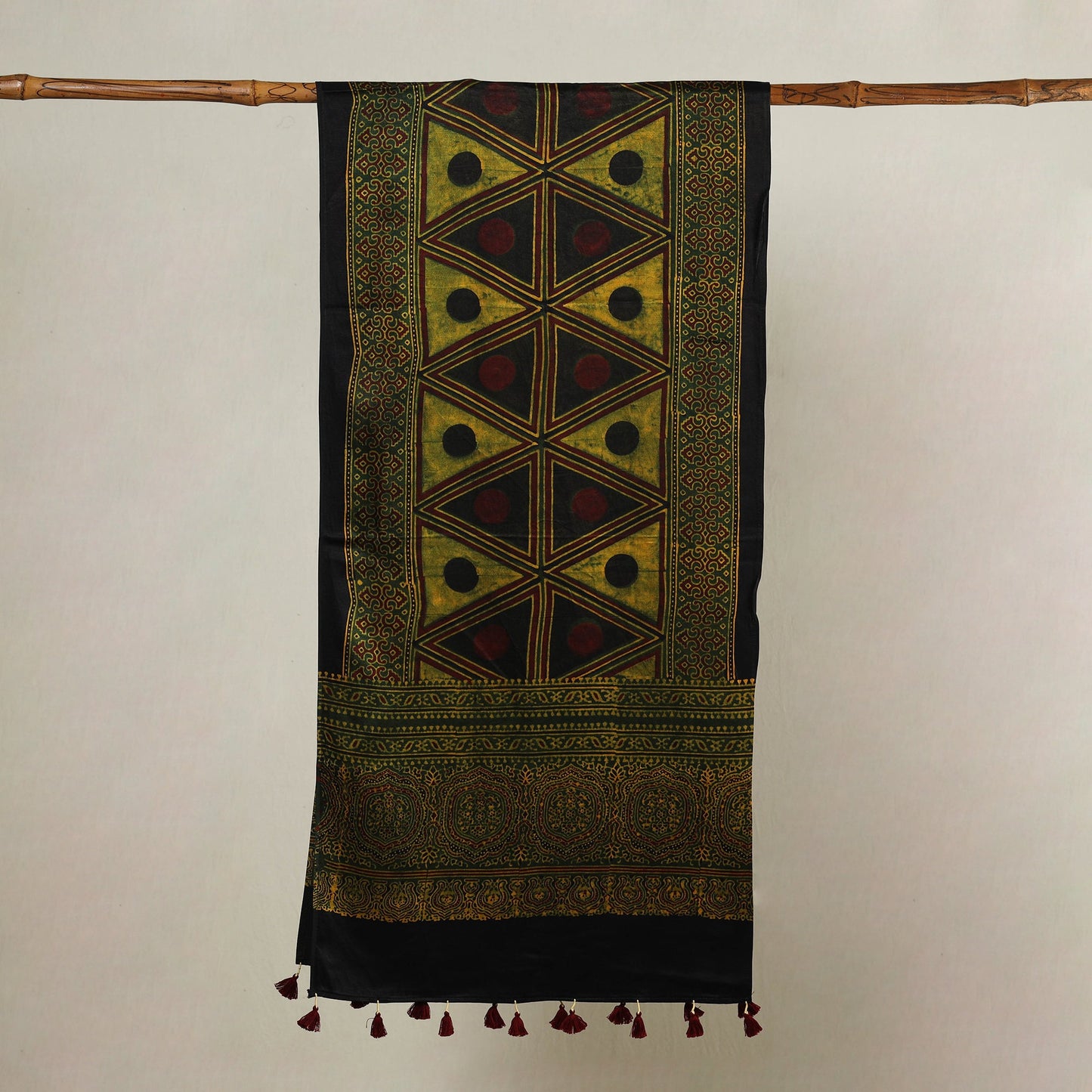  Ajrakh Hand Block Printed Mashru Silk Stole with Tassels 