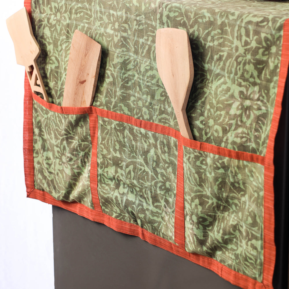 Green Hand Block Printing Cotton Fridge Top Cover with Multiple Pockets