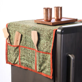 Green Hand Block Printing Cotton Fridge Top Cover with Multiple Pockets