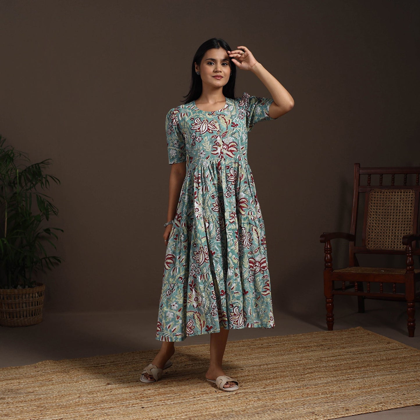 Green - hand tiered sanganeri dress 05 - handcrafted