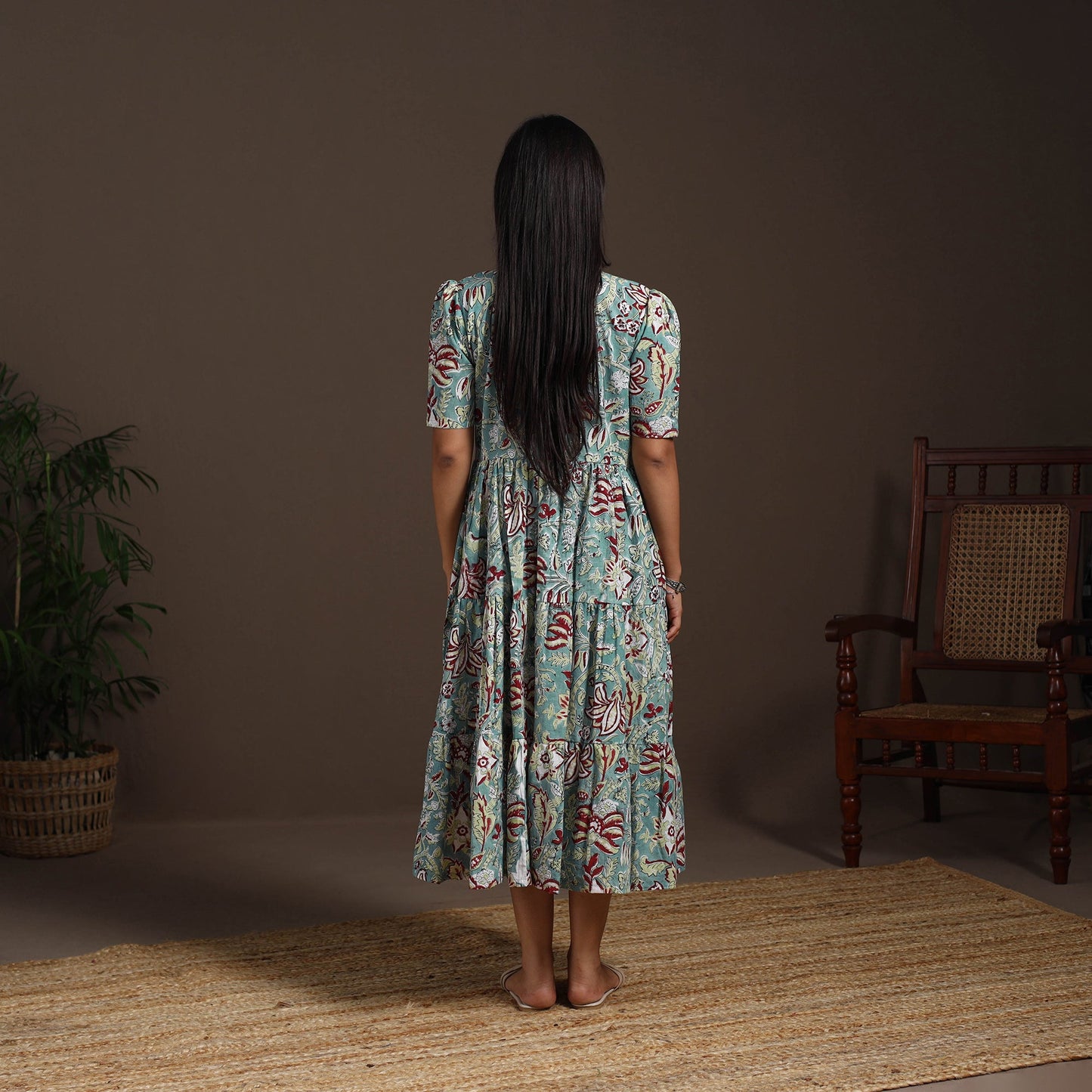 Green - hand tiered sanganeri dress 05 - handcrafted