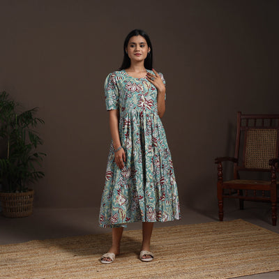 Green - hand tiered sanganeri dress 05 - handcrafted