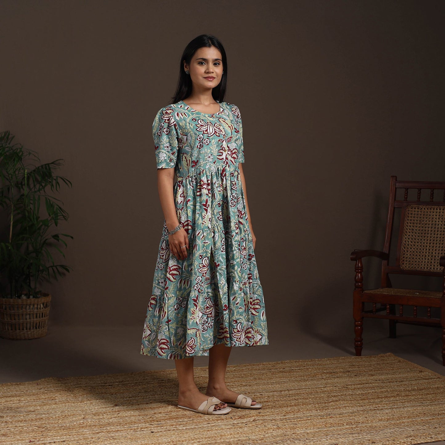 Green - hand tiered sanganeri dress 05 - handcrafted