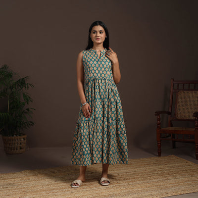 Green - hand tiered sanganeri dress 10 - handcrafted