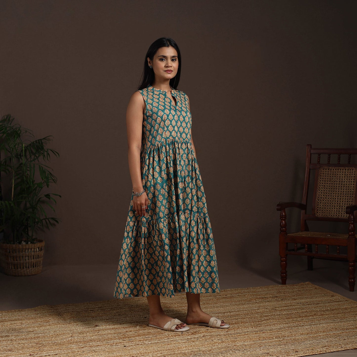 Green - hand tiered sanganeri dress 10 - handcrafted