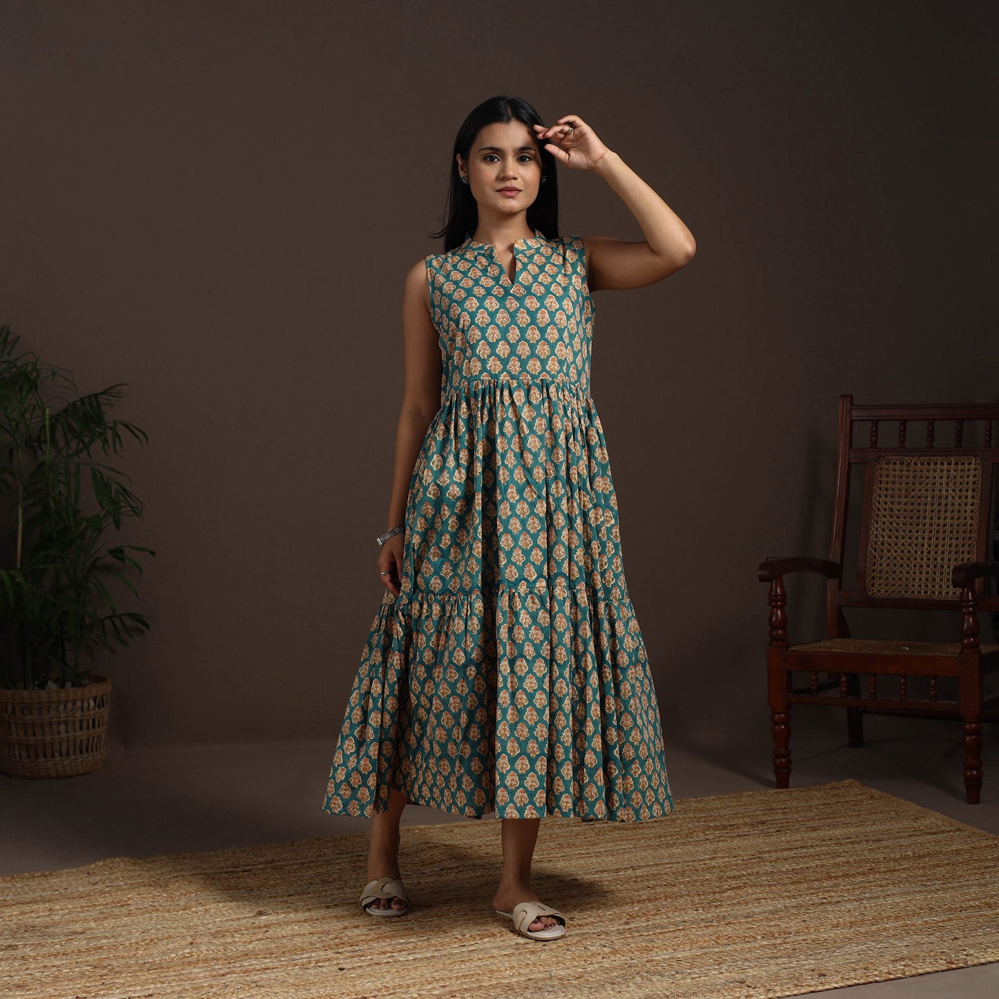 Green - hand tiered sanganeri dress 10 - handcrafted