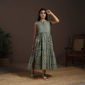 Green - hand tiered sanganeri dress 10 - handcrafted
