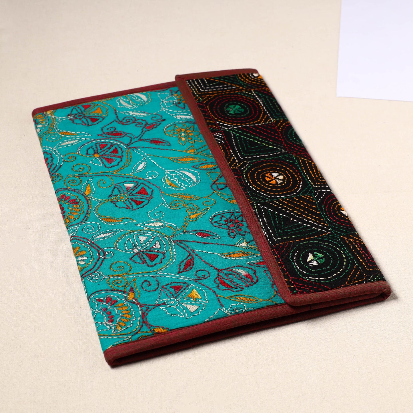 Green Handcrafted Bengal Kantha Work File Folder