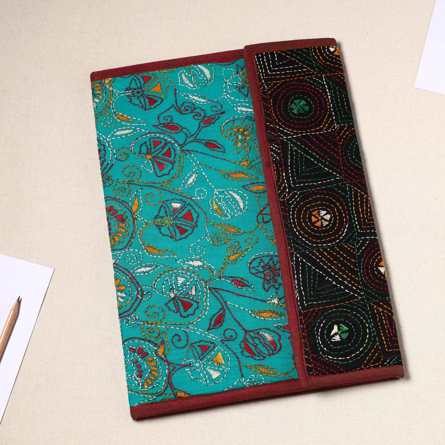 Green Handcrafted Bengal Kantha Work File Folder