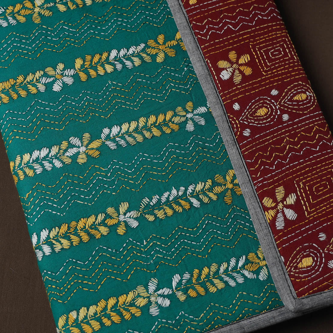 Green Handcrafted Bengal Kantha Work File Folder