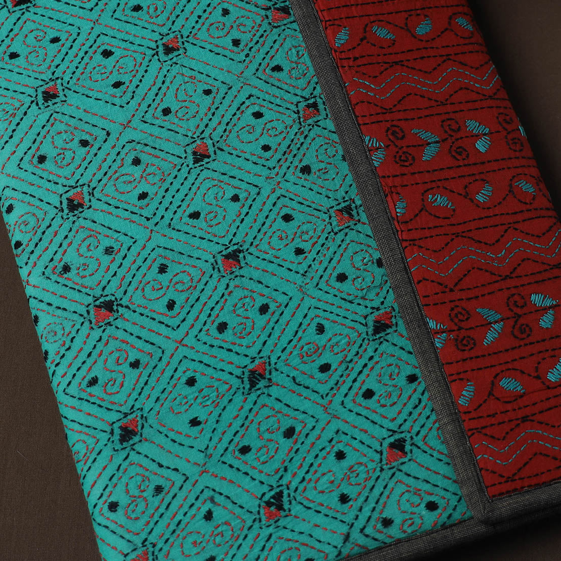 Green Handcrafted Bengal Kantha Work File Folder