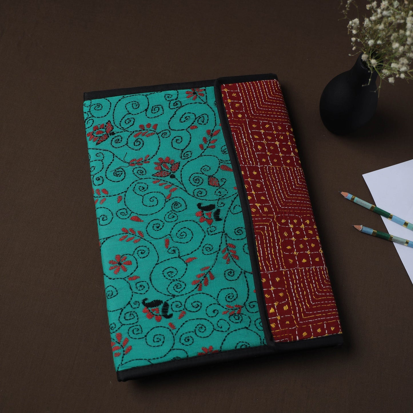 Green Handcrafted Bengal Kantha Work File Folder