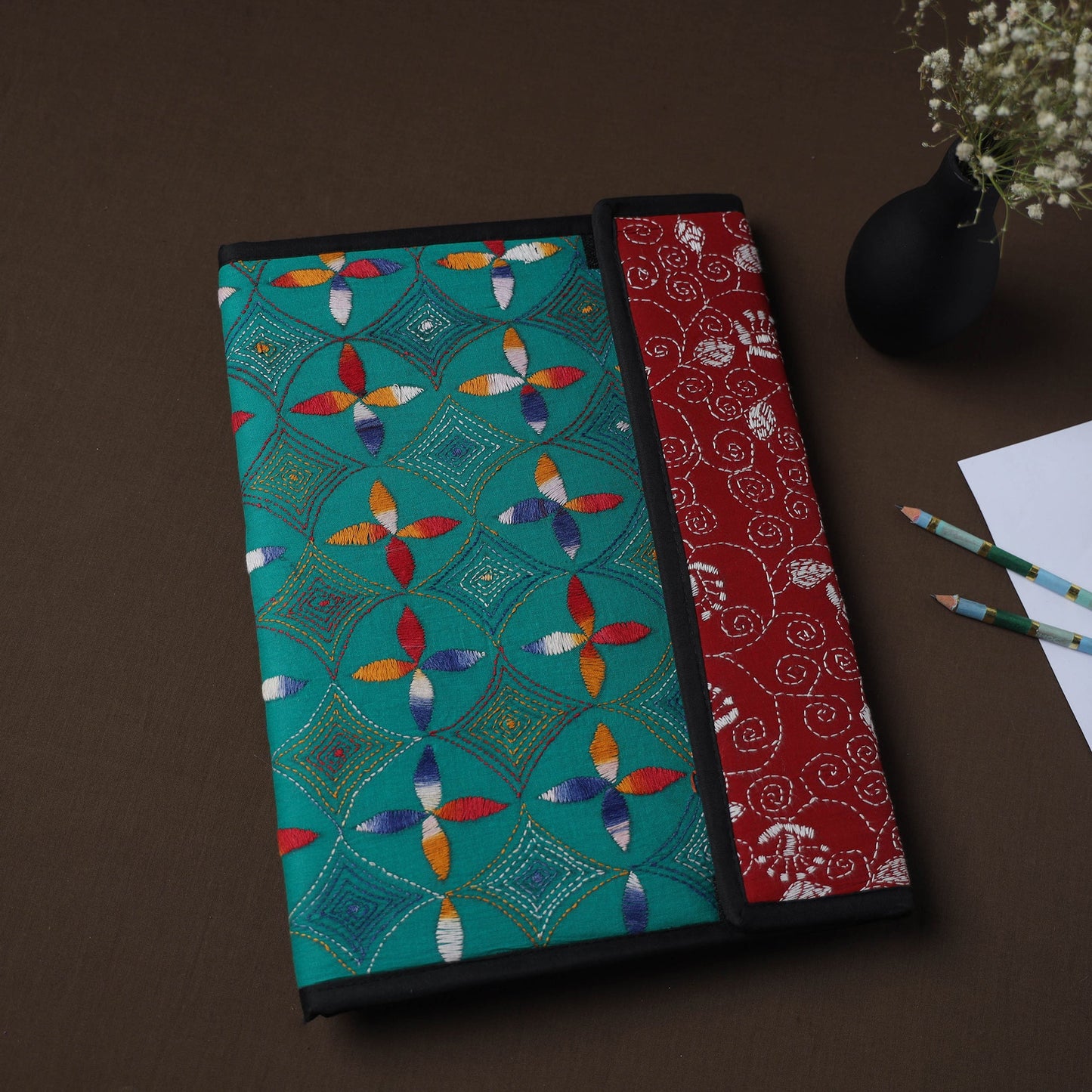 Green Handcrafted Bengal Kantha Work File Folder