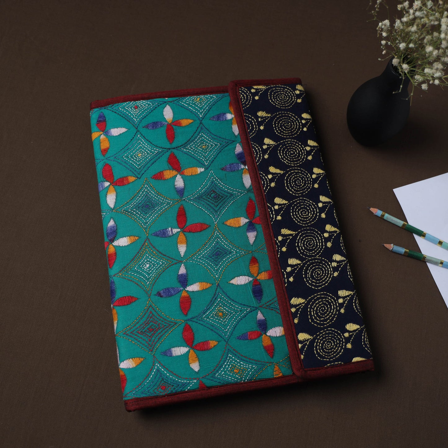 Green Handcrafted Bengal Kantha Work File Folder