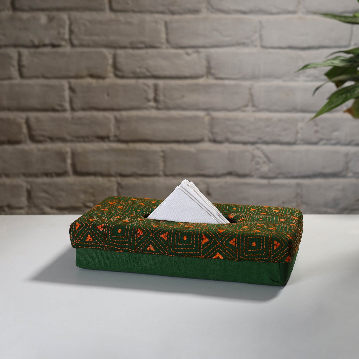 Green Handcrafted Bengal Kantha Work Tissue Box 
